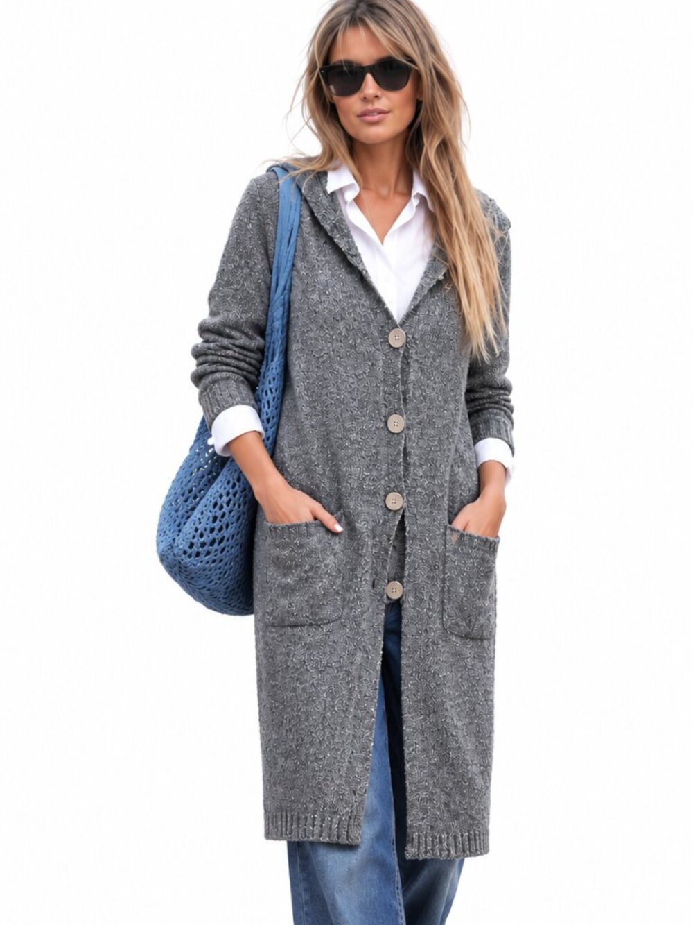 Cotton blend hooded long cardigan